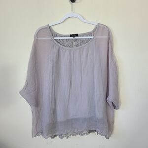 H TREND Italian Silk‎ Gray Blouse Semi Sheer With With Lace Detail Womens Size S